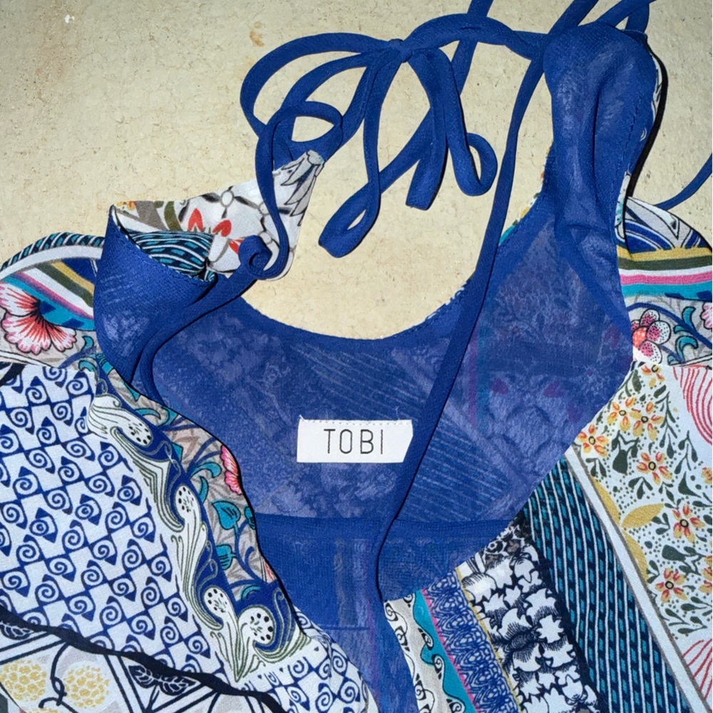 Patchwork Spaghetti Strap Top - Blue And Multicol… - image 3